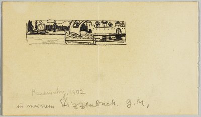 Paysage fluvial avec bateau et ville fortifiée - Wassily Kandinsky