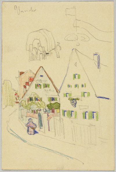 Ruelle avec maisons à toit en selle et chariot bâché, verso : Vue d