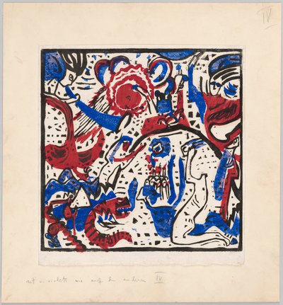 Holzschnitt nach dem Hinterglasbild "Große Auferstehung" (Probedruck mit Anweisungen für Kandinskys Buch "Klänge" (1912), S. 97) - Wassily Kandinsky
