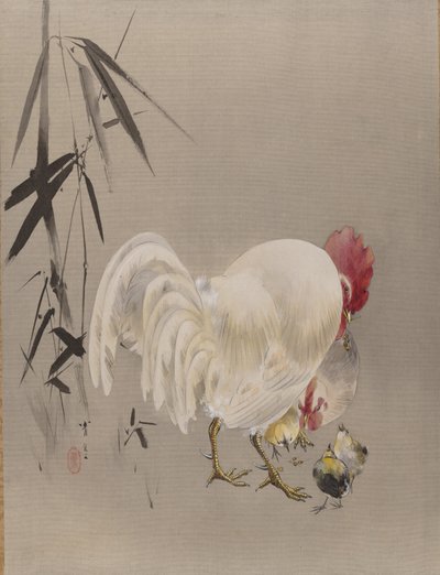 Coq et poule avec poussins, vers 1887 - Watanabe Seitei