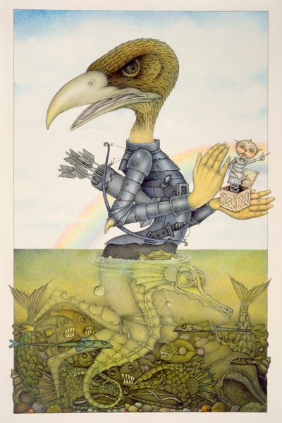 Oiseau en armure sur cheval de mer (crayon et crayon de couleur sur papier) (paire de 150071) - Wayne Anderson