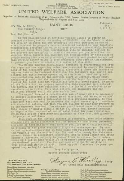 Lettre de Wayne E. Wheeling, United Welfare Association, à Cher Voisin, 5 février 1915 - Wayne E. Wheeling