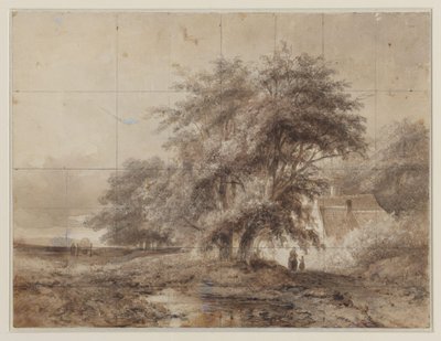 Paysage avec une ferme sous les arbres à droite, avec une femme et un enfant devant - Weissenbruch (workshop of)