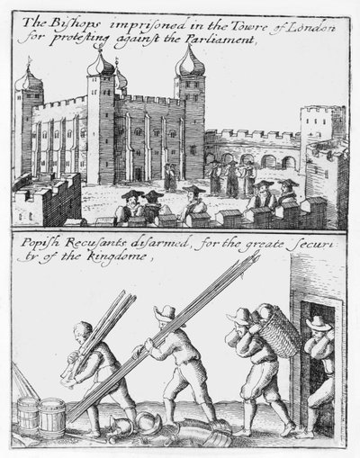 Évêques emprisonnés à la Tour de Londres ; réfractaires papistes désarmés - Wenceslaus Hollar