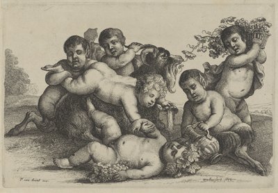 Trois garçons, deux satyres, un bacchant et une chèvre (Putti en saters) - Wenceslaus Hollar