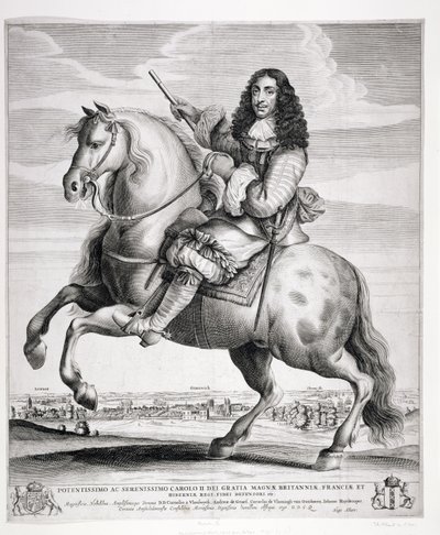 Portrait équestre de Charles II (1630-85) avec un paysage, publié c.1670 - Wenceslaus Hollar