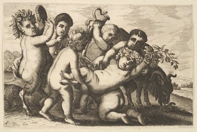 Cinq garçons, deux satyres et une chèvre copie, 17e siècle - Wenceslaus Hollar