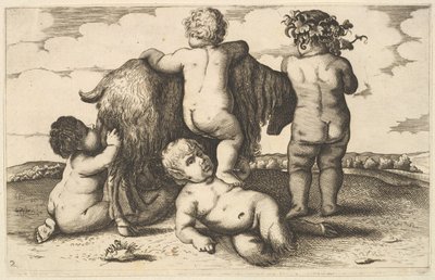 Quatre garçons, un jeune satyre et une chèvre - Wenceslaus Hollar