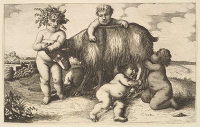 Quatre garçons, un jeune satyre et une chèvre copie inversée - Wenceslaus Hollar