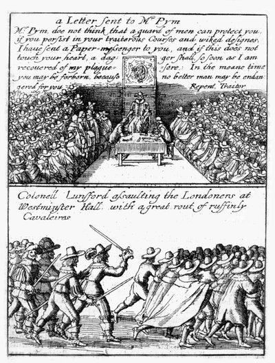 John Pym lisant une lettre à la Chambre des communes ; le colonel Thomas Lunsford et ses soldats attaquant les Londoniens - Wenceslaus Hollar