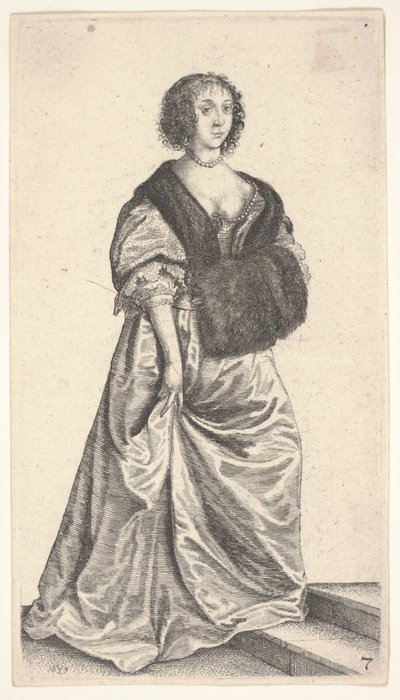 Dame avec manchon de fourrure debout sur deux marches - Wenceslaus Hollar