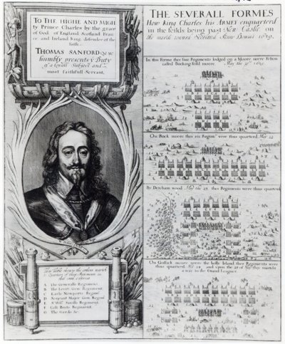 Portrait du roi Charles Ier avec des diagrammes montrant la formation de ses troupes pendant la guerre des évêques, vers 1639 - Wenceslaus Hollar