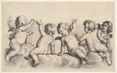 Trois chérubins et deux garçons sur des nuages, 1620-77 - Wenceslaus Hollar