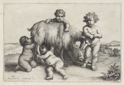 Quatre garçons, un satyre et une chèvre debout à droite, Putti et satyres (série) - Wenceslaus Hollar