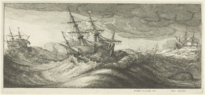 Navires de guerre et une baleine jaillissante - Wenceslaus Hollar