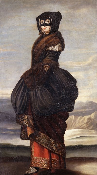 Hiver : Une dame, en costume exotique, portant un masque, dans un paysage - Wenceslaus Hollar