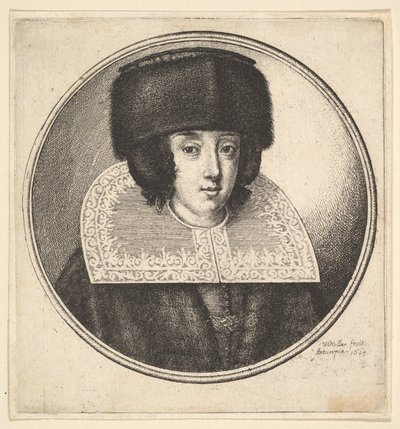 Femme avec un col en dentelle rigide et un chapeau en fourrure à couronne plate - Wenceslaus Hollar