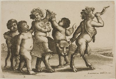 Jeune Bacchus chevauchant un léopard conduit par un satyre soufflant dans une corne - Wenceslaus Hollar