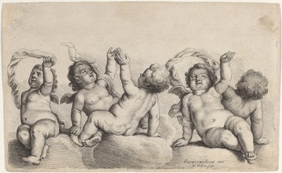Trois chérubins et deux garçons levant chacun un bras sur des nuages - Wenceslaus Hollar, after Peeter van Avont