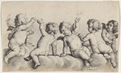 Trois chérubins et deux garçons sur des nuages - Wenceslaus Hollar, after Peeter van Avont