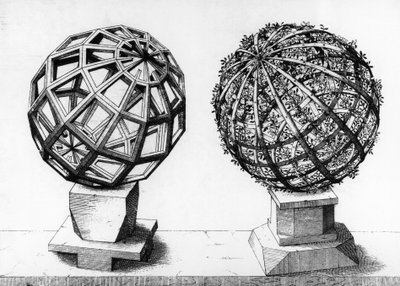 Illustration de perspective, deux sphères, gravure du Perspectiva Corporum Regularium, par Wentzel Jamnitzer (1508-1585), Nuremberg - Wenzel I Jamnitzer