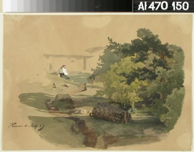 Landschaft mit Schindelkorb und sitzender Frau - Werner Holmberg