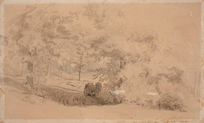Paysage forestier avec cheval et charrette ; Paysage forestier, homme pêchant sur un pont enjambant un ruisseau (œuvre recto-verso) - Werner Holmberg