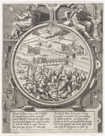Les troupes de Bourse chassent les soldats allemands de Treslong et Merville de la citadelle, 1577 - Wierix