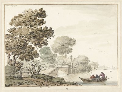 Paysage avec un pont en bois et des arbres le long d