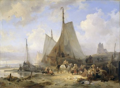 Bateaux de pêche sur la plage avec des pêcheurs et des femmes triant la prise - Wijnand Nuijen