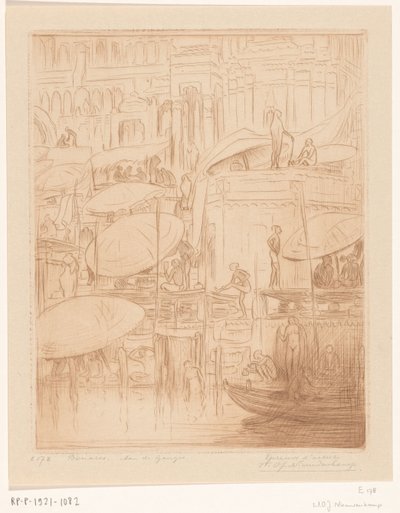 Hommes et femmes se baignant et priant sur les rives du Gange à Bénarès (Baden en bidden) - Wijnand Otto Jan Nieuwenkamp (signed by artist)