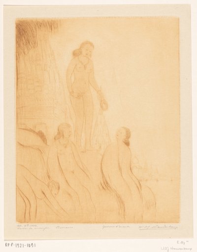 Jeunes filles se baignant sur les rives du Gange à Bénarès - Wijnand Otto Jan Nieuwenkamp (signed by artist)