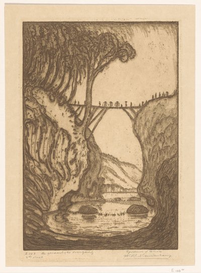 Pont en bois sur une gorge fluviale à Bali - Wijnand Otto Jan Nieuwenkamp (signed by artist)