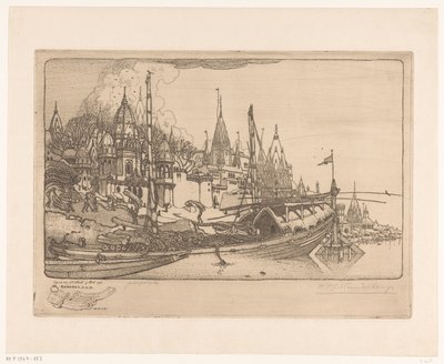 Bateau avec du bois de chauffage sur la rive du Gange à Bénarès - Wijnand Otto Jan Nieuwenkamp (signed by artist)
