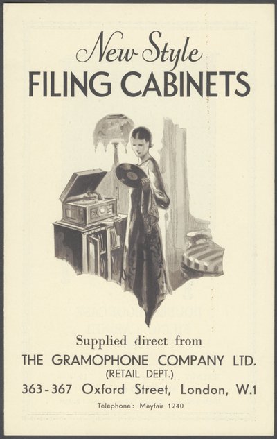 Armoires de classement de la Gramophone Company, années 1920 - Wilfred Fryer, Curtis Advertising Agency