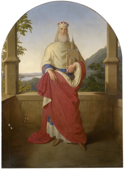 Saint Léopold devant une vue du Danube et le Leopoldsberg en arrière-plan - Wilhelm August Rieder