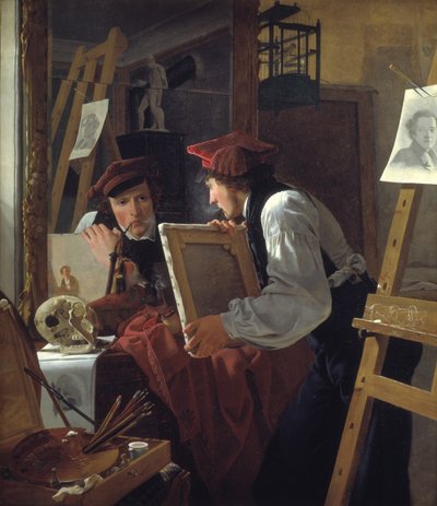 Un jeune artiste (Ditlev Blunck) examinant une esquisse dans un miroir - Wilhelm Bendz