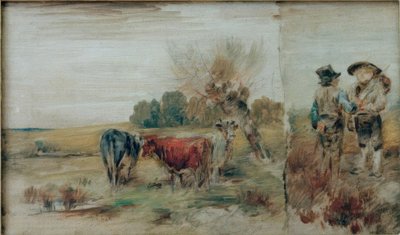 Double image : Vaches au pâturage, deux paysans en conversation - Wilhelm Busch