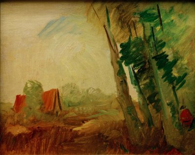 Maison rouge dans le champ devant la lisière de la forêt à droite - Wilhelm Busch