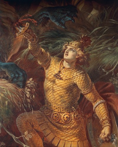 Sigurd tuant le dragon Fafnir en tenant l