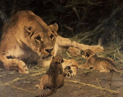 Une lionne et ses petits - Wilhelm Kuhnert