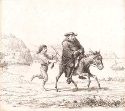 Un moine à cheval sur un âne suivi d