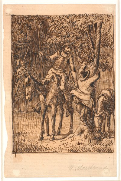 Avant le combat avec le chevalier au miroir, Don Quichotte aide Sancho Panza à monter dans un arbre - Wilhelm Marstrand