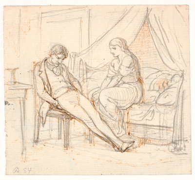 Intérieur avec jeune homme mélancolique et une fille sur un lit - Wilhelm Marstrand