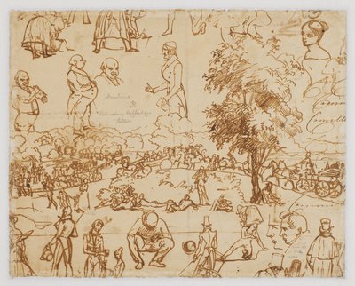 Landschaft mit Pferdewagen und zahlreichen Figurenskizzen - Wilhelm Marstrand