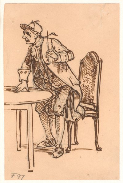 Homme avec casquette et pipe se levant (discutant ?) à une table - Wilhelm Marstrand