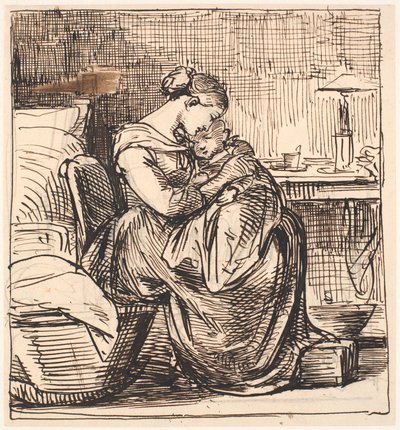 Mère avec enfant endormi sur les genoux dans la chambre à coucher - Wilhelm Marstrand
