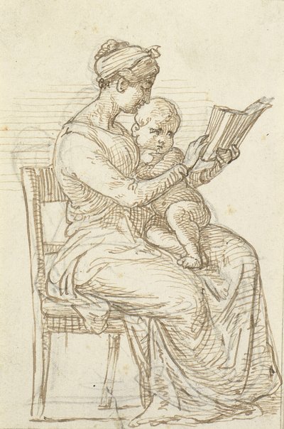 Femme assise montrant un livre à un petit enfant - Wilhelm Marstrand