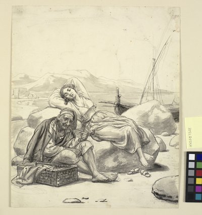 Fille endormie et vieux pêcheur sur la plage - Wilhelm Marstrand