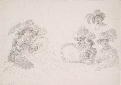 Femmes romaines jouant du tambourin avec des chapeaux à plumes hautes - Wilhelm Marstrand